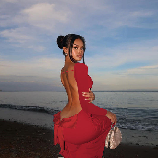 Vestido ajustado con lazo y espalda descubierta de manga larga sexy para vacaciones de otoño para mujer