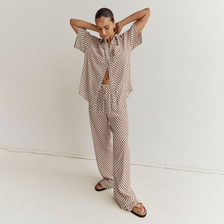 Conjunto de dos piezas formado por camisa de manga corta y pantalón con cordones, verano, para mujer