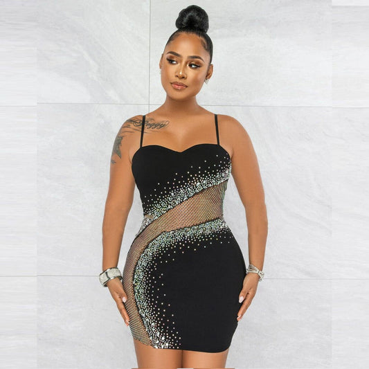 Vestido sexy ajustado de malla con tirantes de diamantes de imitación