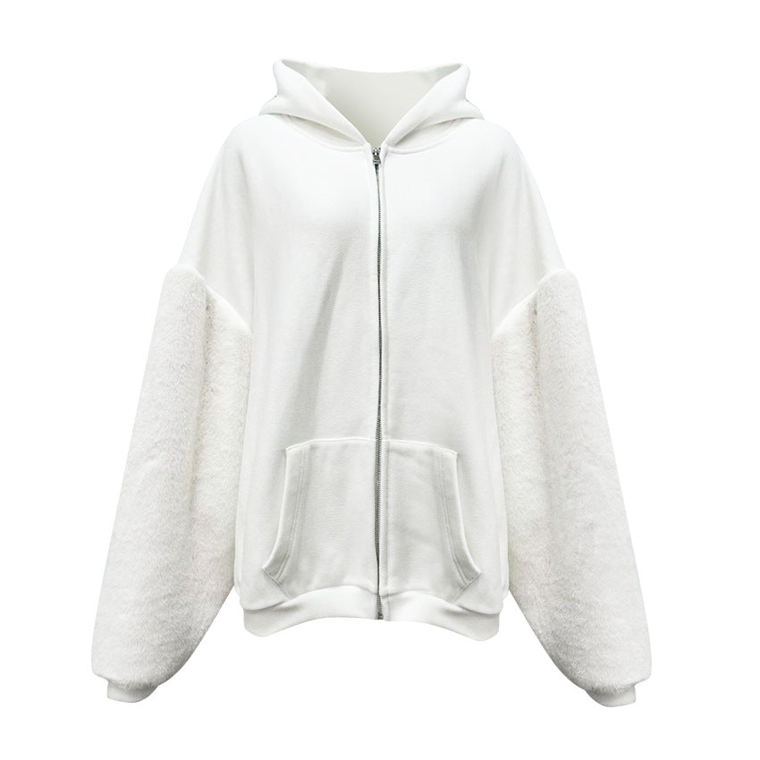 Sudadera con capucha de invierno con forro polar y mangas peludas para mujer, estilo informal, holgado, con mangas largas, tipo cárdigan, prenda exterior