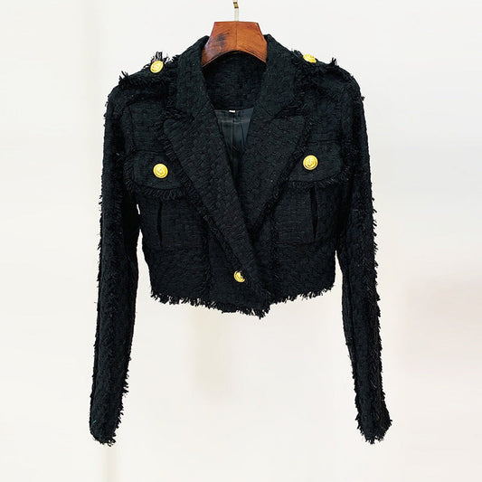 Blazer corto de tweed con flecos y estampado de estrellas para mujer, otoño e invierno
