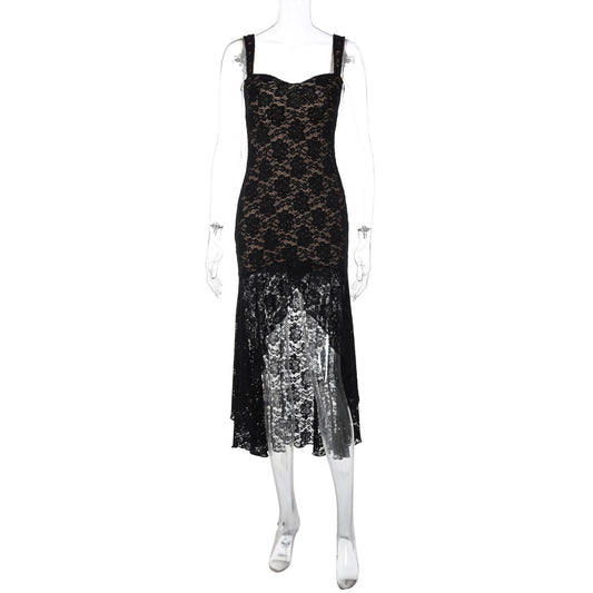 Suspenders Sexy Lace Low Cut Slim Fit Sheath Irregular Asymmetric Swing Circumference Dress