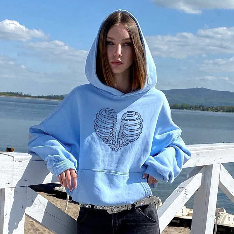 Sudadera con capucha holgada con diseño de esqueleto y diamantes de imitación para mujer, otoño e invierno