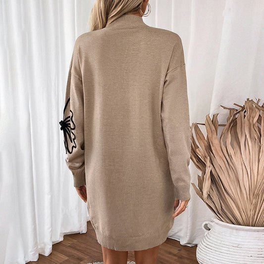 Vestido de lana con estampado floral y cuello medio para mujer, otoño e invierno