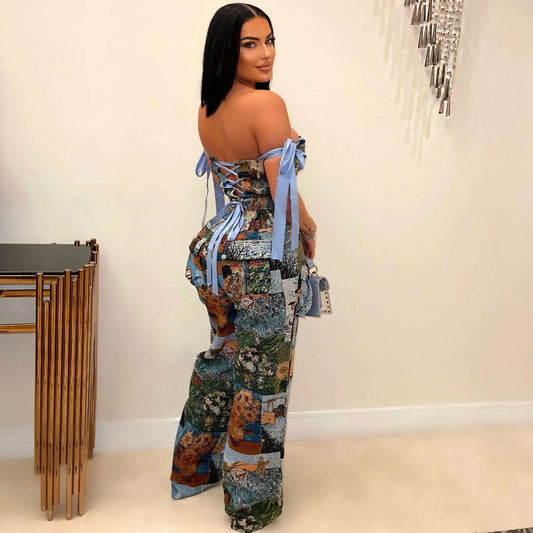 Printing Painting Pattern Strap Drawstring Multi Pocket Pants Sets