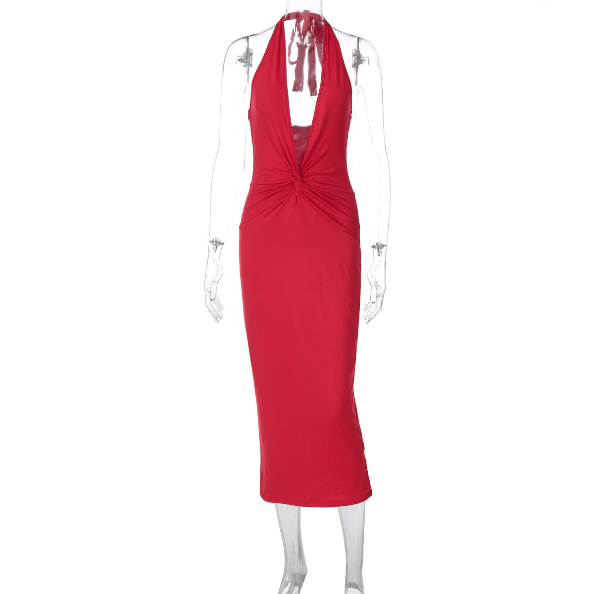 Vestido sexy de corte en V profundo con escote pronunciado, sin mangas, de color liso, sin espalda, de calle, de longitud media, estilo halter, para mujer