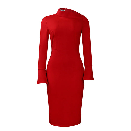 Vestido de oficina de otoño-invierno de manga larga con cuello diagonal estrecho y color liso