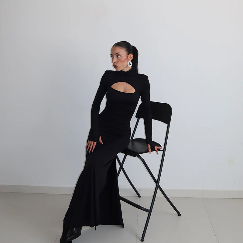 Vestido maxi de otoño-invierno con escote en el pecho, manga larga, ajustado, sexy, de color liso, para mujer