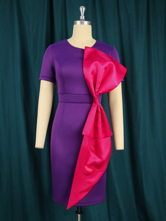 Vestido de oficina con lazo grande y decorativo de color contrastante de primavera