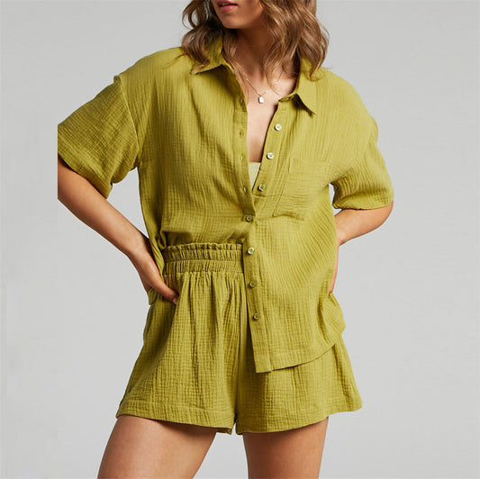 Conjunto de camisa de color liso para mujer, informal, holgado, de manga corta, con una hilera de botones, para primavera y verano, pantalones cortos, conjunto de dos piezas