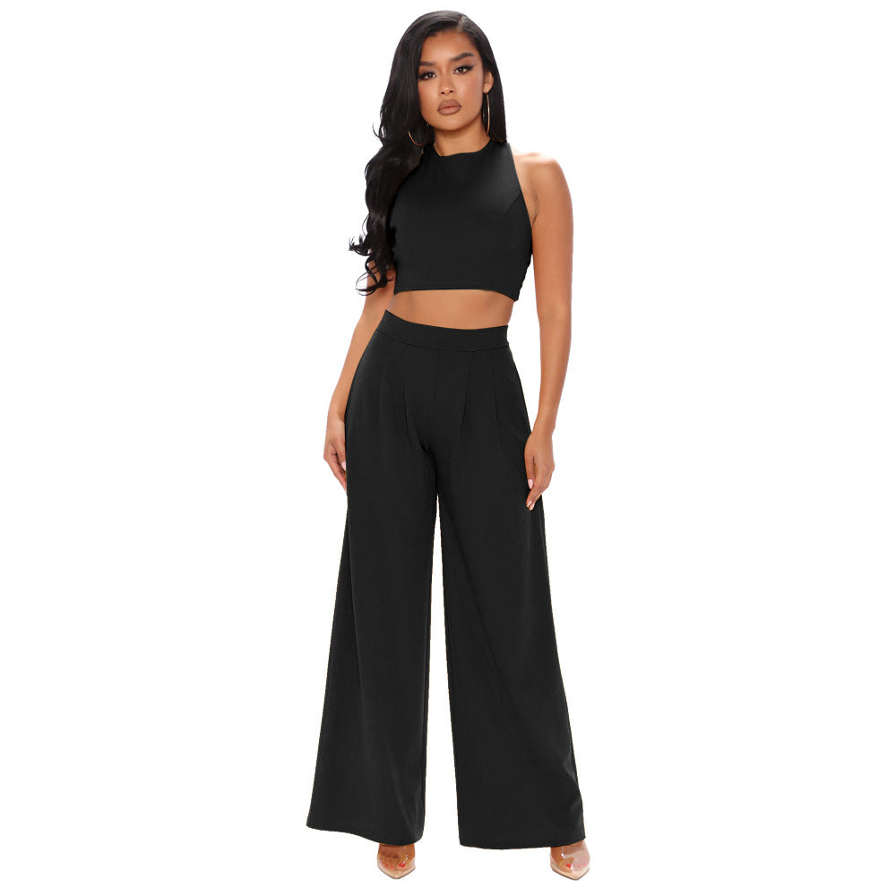Conjunto deportivo informal de dos piezas con camiseta sin mangas corta y pantalones rectos acampanados