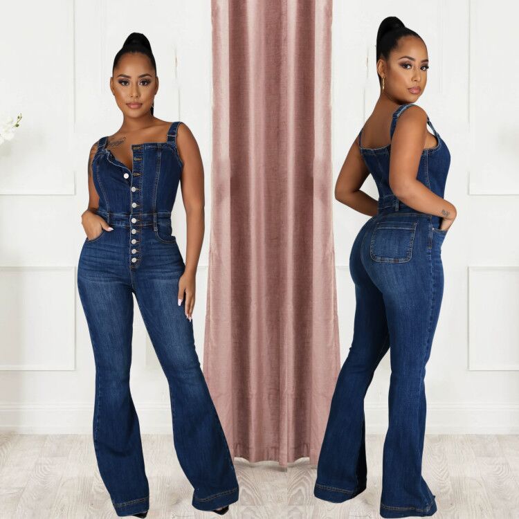 Mono vaquero con plataforma y tirantes para mujer, informal, sexy, con pierna ancha