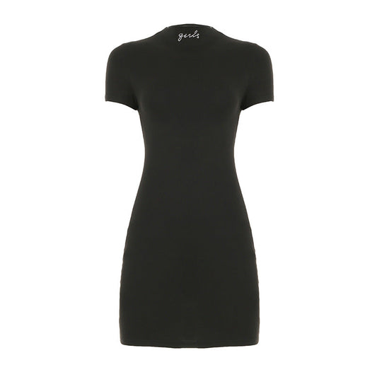 Vestido informal básico de verano para mujer, cuello alto, manga corta, con diamantes de imitación, color liso, ajustado, ajustado, cruzado en la cadera