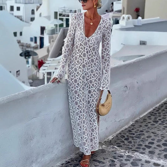 Vestido holgado de primavera y verano con mangas largas, transparente, con cordones y abertura para vacaciones