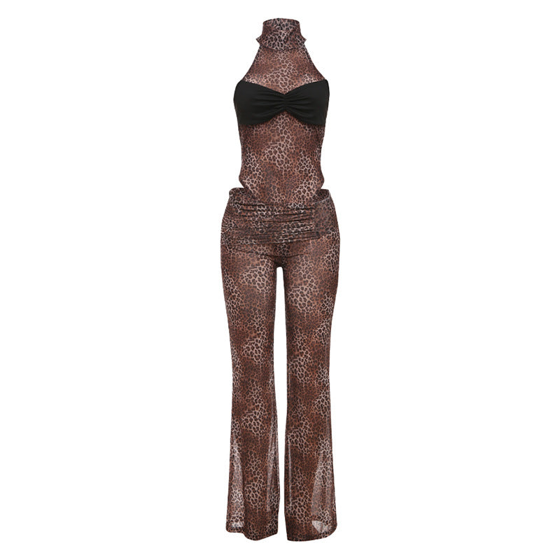 Conjunto de dos piezas de malla de primavera con cintura alta y estampado de leopardo, sin mangas, con contraste de colores y realce de cintura sexy