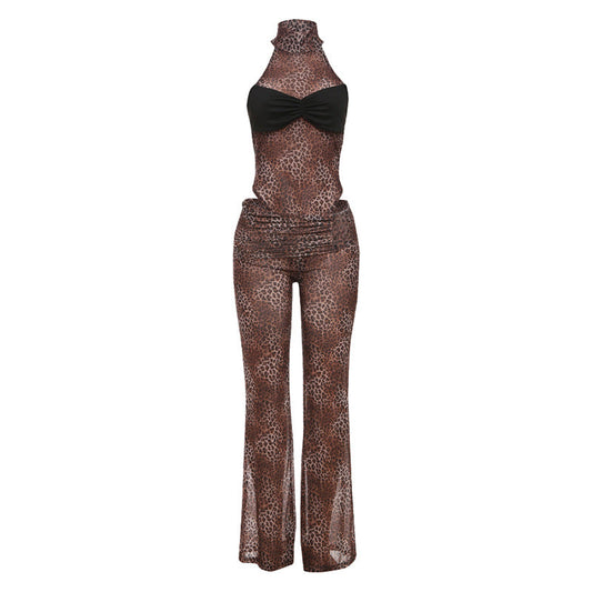 Conjunto de dos piezas de malla de primavera con cintura alta y estampado de leopardo, sin mangas, con contraste de colores y realce de cintura sexy