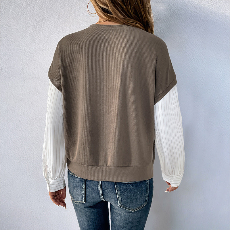 Sudadera informal de otoño de manga larga de imitación de dos piezas de punto a juego con cuello redondo