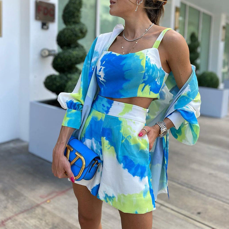 Conjunto de tres piezas con estampado tie-dye de color informal para mujer, primavera y verano