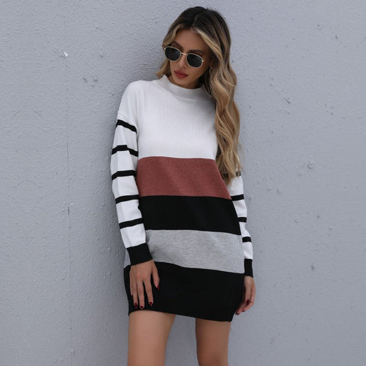 Vestido tipo suéter largo de punto a la moda para mujer, otoño e invierno, con colores a juego