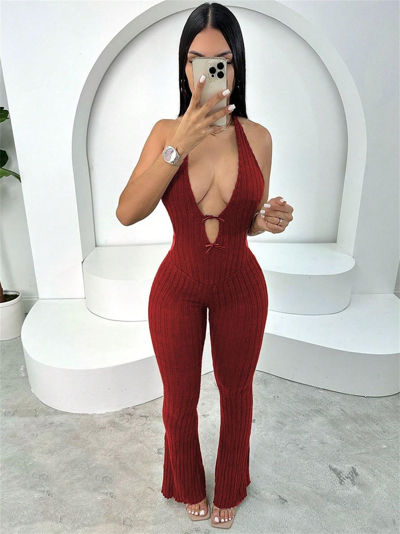 Mono de verano ajustado con cuello halter, encaje, espalda descubierta, sexy, pantalones acampanados, mono para mujer