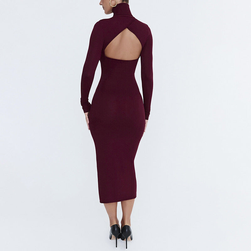 Vestido sexy ajustado color cereza profundo con aberturas y largo medio para mujer