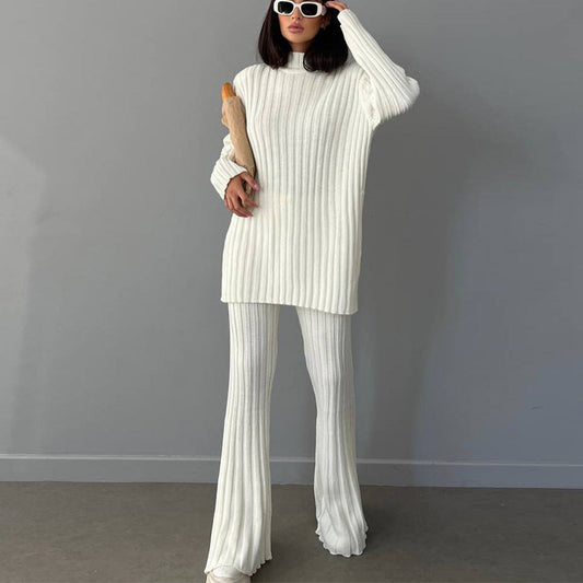 Conjunto de dos piezas de lana con cuello alto y ribete de canalé para mujer, para otoño e invierno