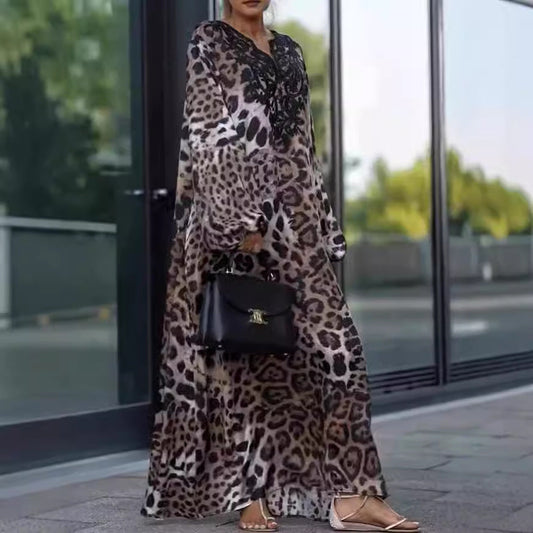 Vestido holgado de manga larga con estampado de leopardo de otoño
