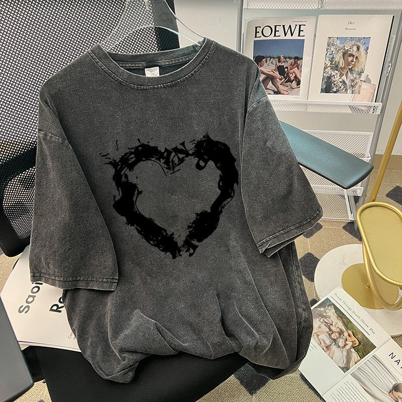 Camiseta de manga corta de algodón desgastado lavado para mujer, holgada, combinable, de largo medio, estilo retro de marca de moda.