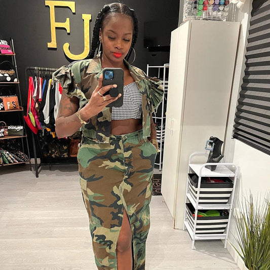 Ropa de camuflaje para mujer, cárdigan personalizado con bolsillos y mangas con volantes, abrigo de manga corta para exteriores para mujer