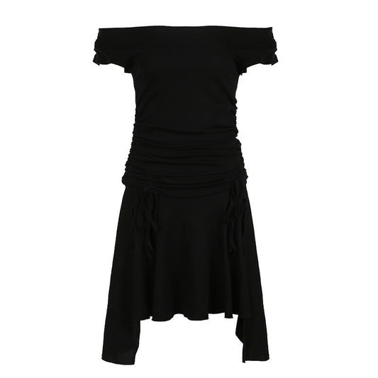 Sexy Drawstring Lace Pleated Waist Tight Slimming Irregular Asymmetric Dress Multiple Wear off the Shoulder Slim Fit