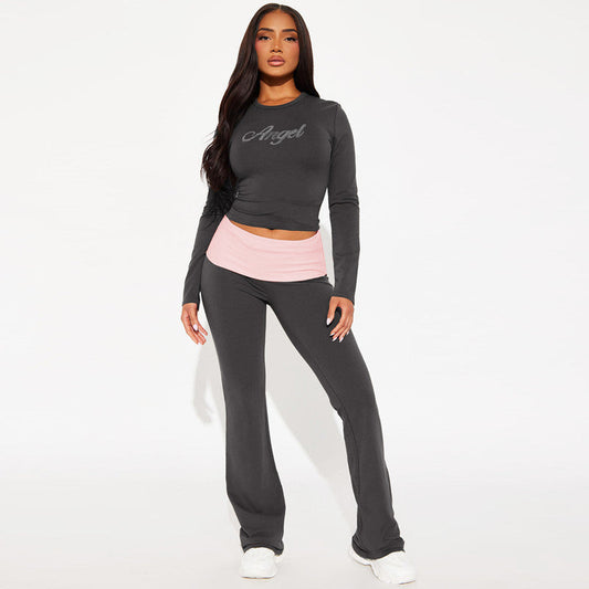 Conjunto de dos piezas de pantalón acampanado y cuello redondo de manga larga con contraste de colores para mujer, traje con diamantes de imitación