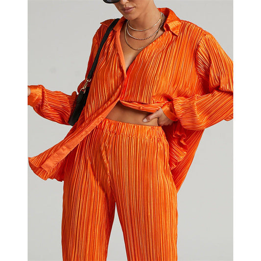 Traje sexy de verano para mujer, ropa plisada de manga larga con cuello en V, camisa y pantalones casuales, conjunto de dos piezas