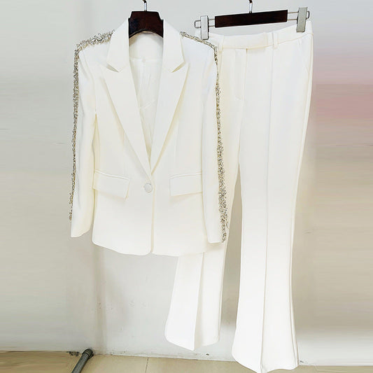 Conjunto de dos piezas de pantalones de corte acampanado ajustados con cuentas de diamantes de la industria pesada de Goods