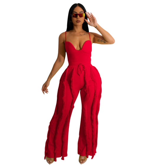Conjunto de dos piezas de mono con borlas y encaje para mujer, pantalones de pierna recta, verano