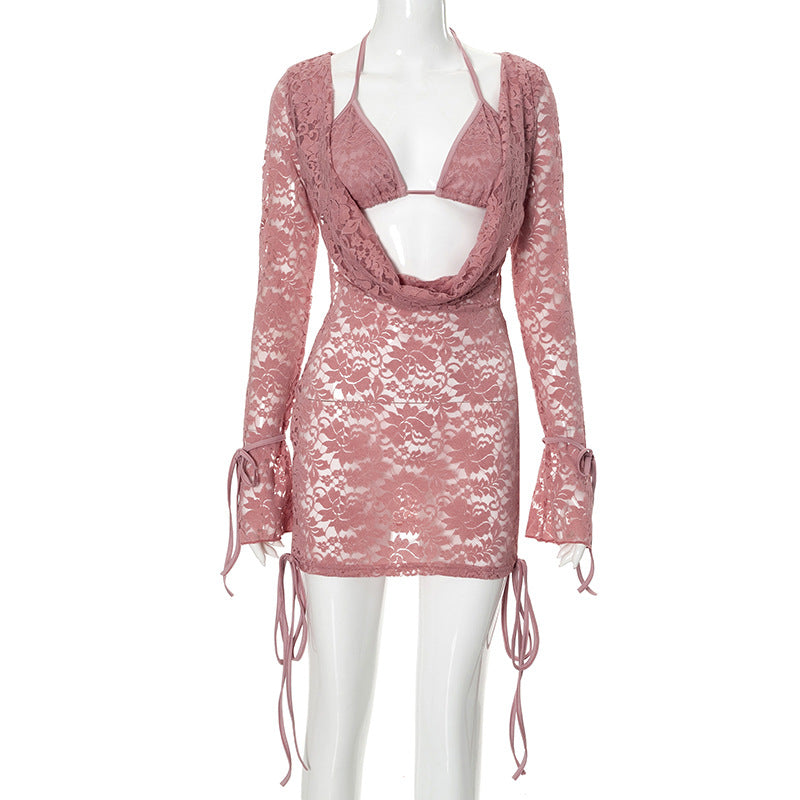 Ropa de mujer Otoño Color sólido Casual Encaje Encaje Manga larga Top Conjuntos con cordones