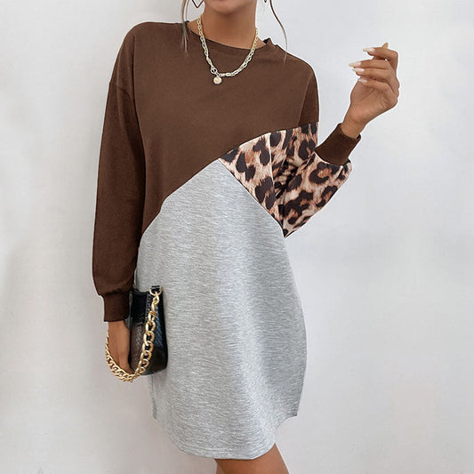 Vestido tipo suéter con estampado de leopardo y manga larga para mujer en otoño