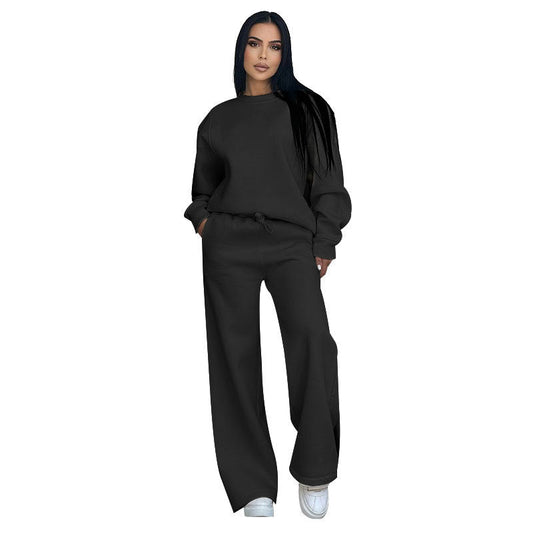 Traje de pantalón ancho informal para mujer, holgado, de manga larga, cuello redondo, color liso, para otoño e invierno