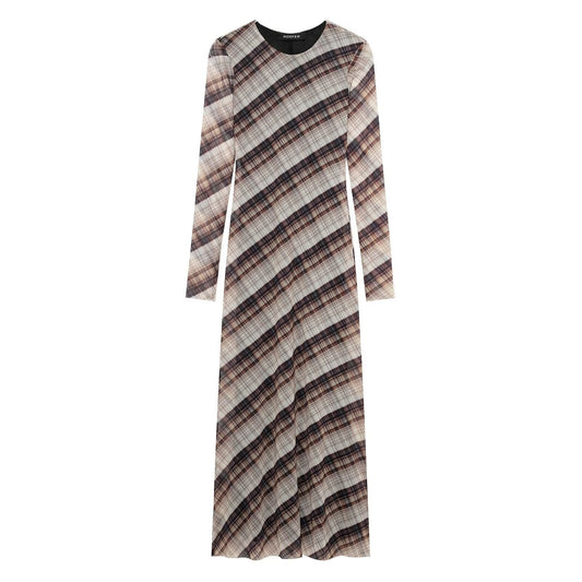 Women Clothing round Neck Loose Casual Plaid Silk Net Long Sleeve Dress