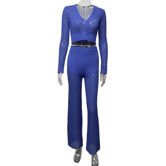 Traje de punto de otoño e invierno para mujer, ropa informal transparente de color sólido con aberturas y cintura alta, traje de oficina