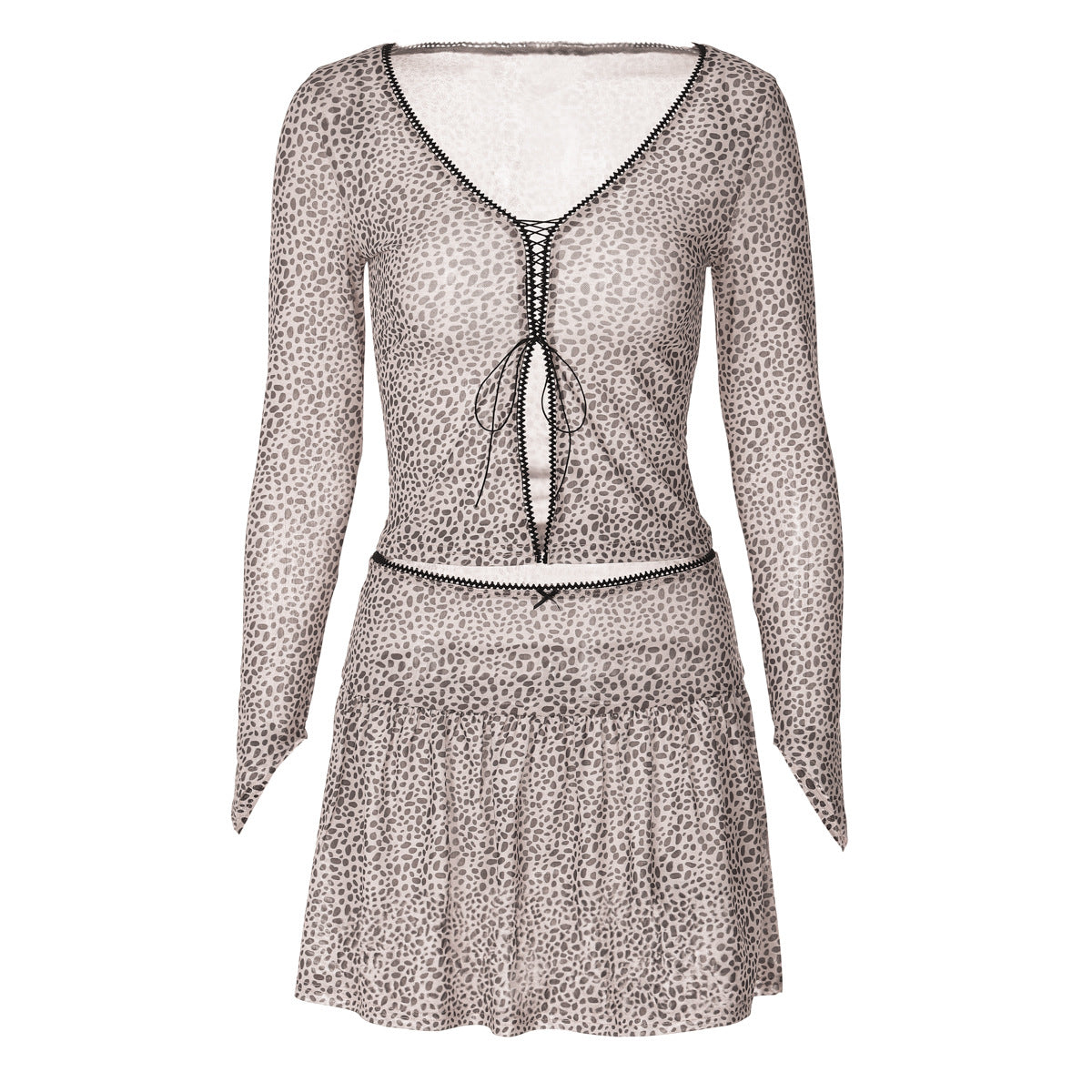 Conjunto de minifalda y camiseta de manga larga con tirantes y cuello en V con estampado de leopardo de verano para mujer