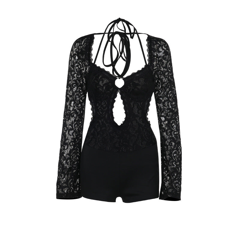 Mono de manga larga con encaje ajustado, elegante y sexy de otoño para mujer