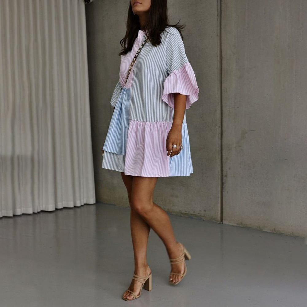 Vestido informal de manga corta con estampado de rayas y contraste de colores para primavera y verano para mujer