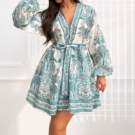 Women Clothing Elegant Fashionable V neck Printed Puff Sleeve Dress