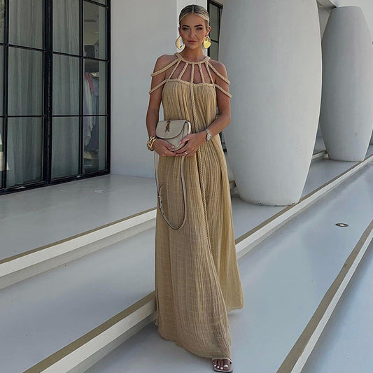 Vestido de primavera para mujer, estilo halter, holgado, sin tirantes, estilo playa, para vacaciones.