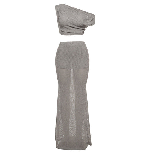 Conjunto de ropa de primavera para mujer, top sexy con hombros oblicuos y espalda descubierta, falda ajustada de color liso.