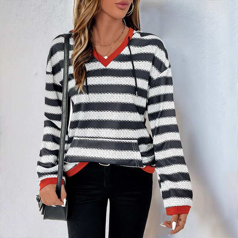 Sudadera con capucha informal de otoño con rayas de colores contrastantes para mujer