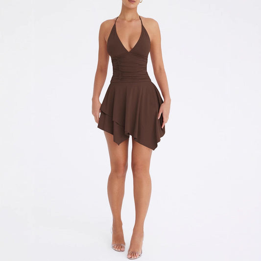 Vestido asimétrico irregular plisado sexy con cuello en V profundo y escote halter sin espalda con cordones para mujer