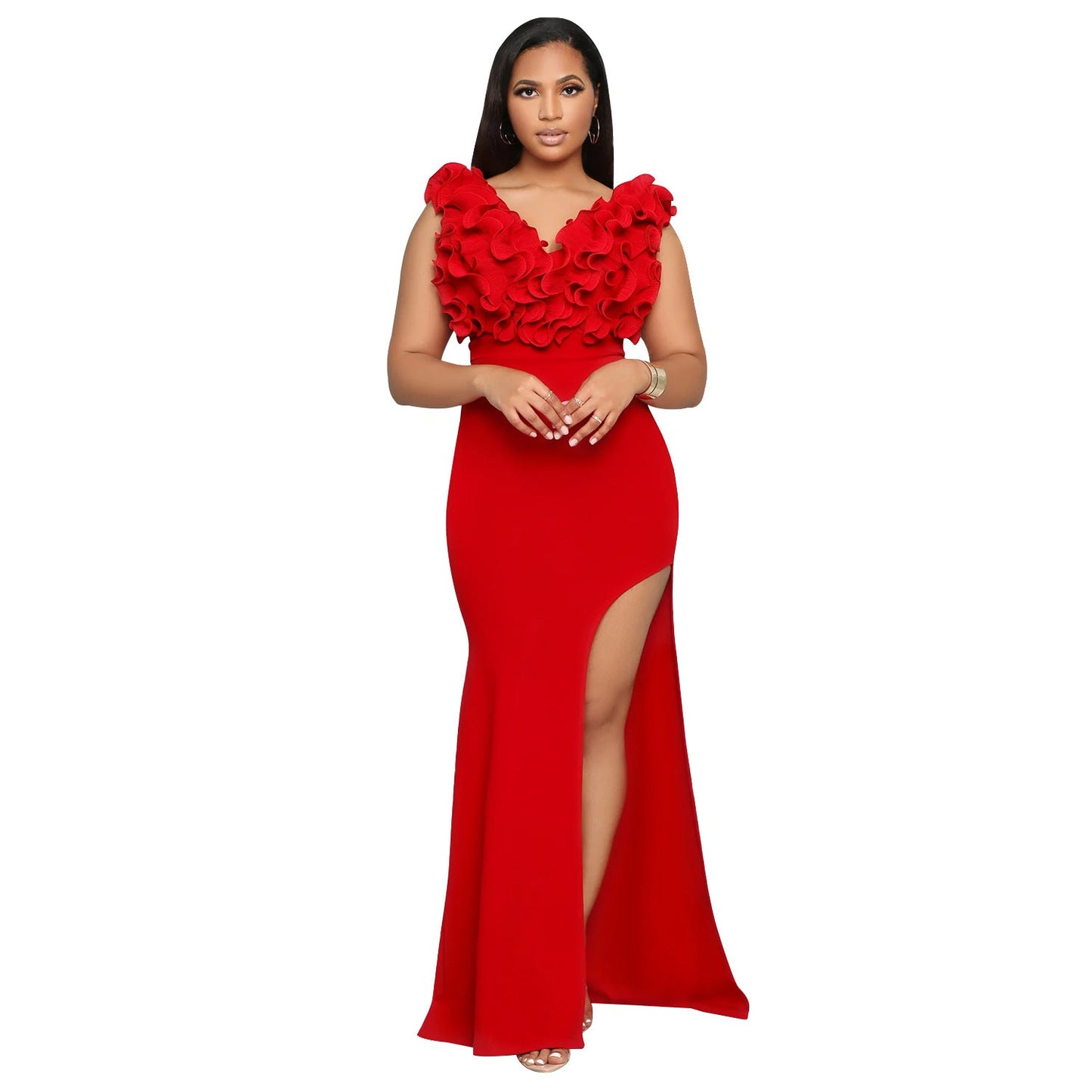 Vestido largo con abertura y cuello en V sin mangas para mujer