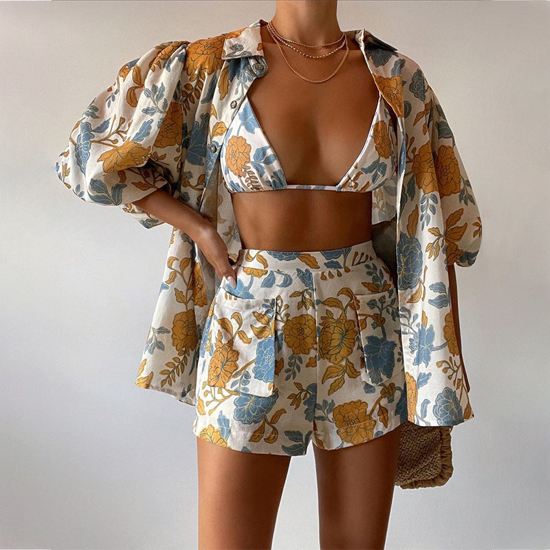 Conjunto de tres piezas de camiseta y pantalones cortos con estampado holgado de primavera para mujer