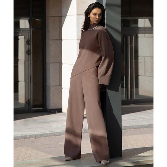 Suéter asimétrico irregular de cuello alto y media pierna, elegante suéter biselado, pantalones anchos de punto